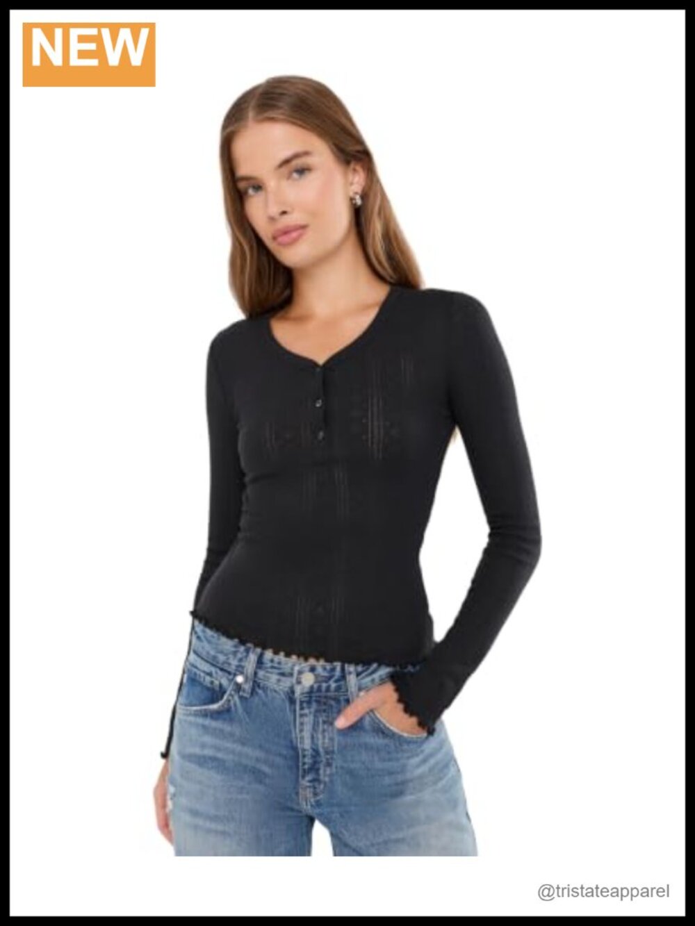 DAZE V-Neck Long Sleeve Pointelle Henley Top Womens Cotton
